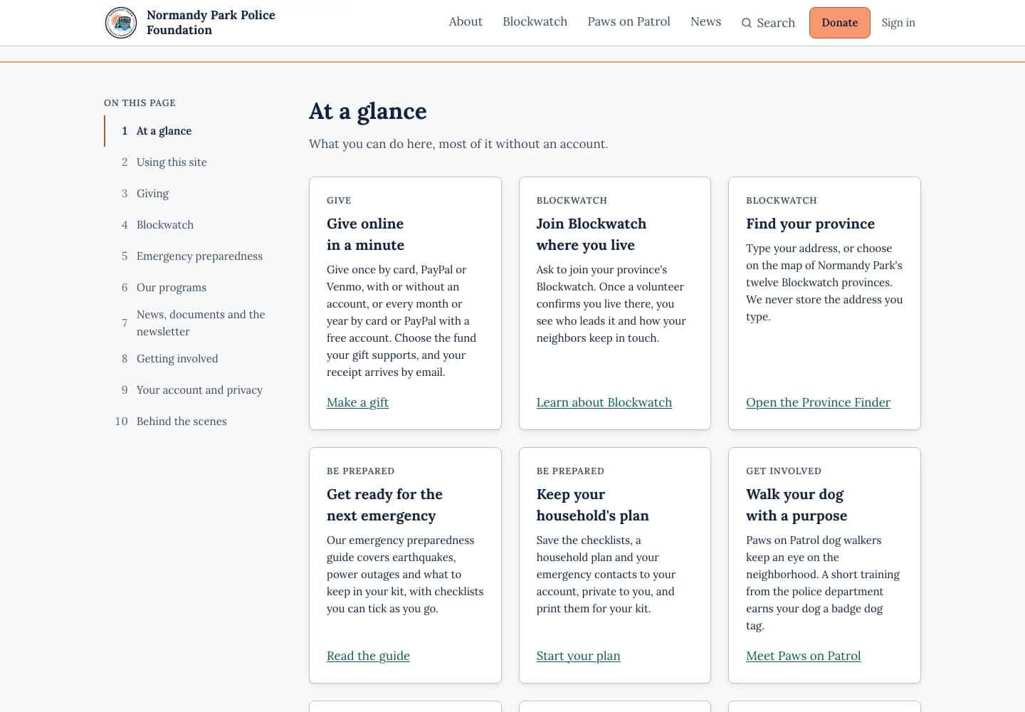 The At a glance section of the Features and FAQ page: cards for giving online, joining Blockwatch, finding your province, the preparedness guide, a household plan and Paws on Patrol, beside a list of the page's sections.