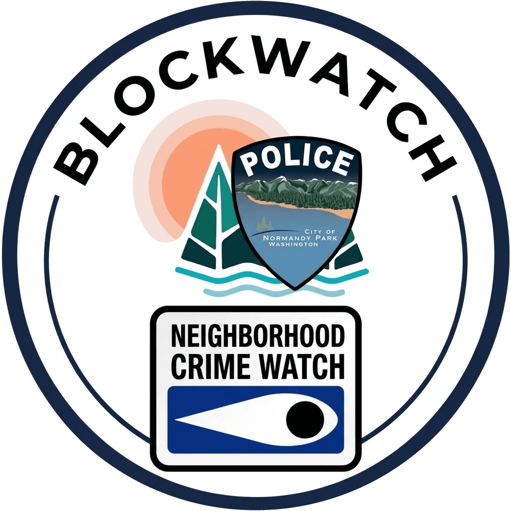 The Normandy Park Blockwatch badge: the Normandy Park police shield with a tree, the sun and the water, above a Neighborhood Crime Watch sign.