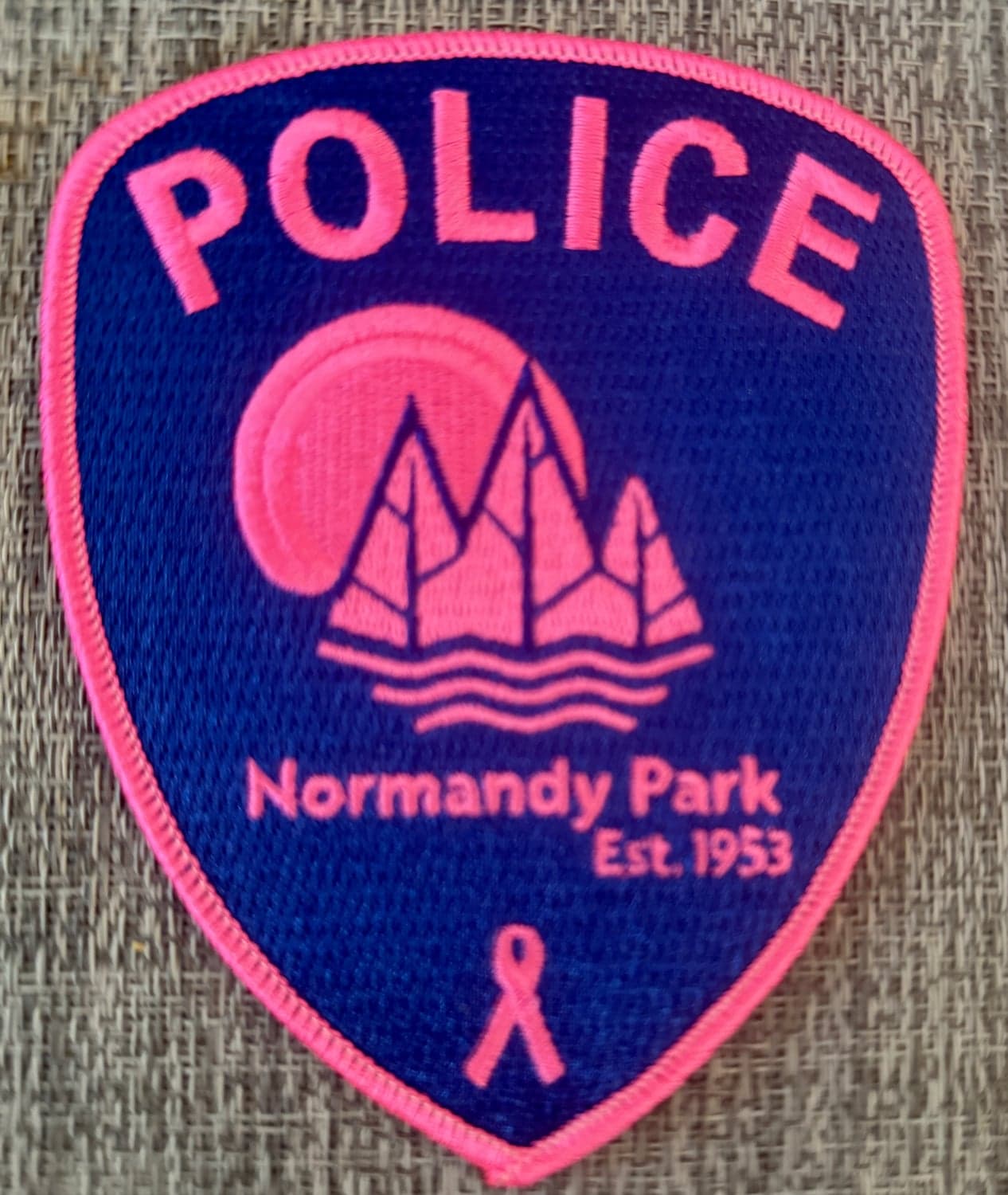 A navy police shoulder patch with a pink border: POLICE in pink across the top, a pink sun behind pink mountains over the water, Normandy Park, Est. 1953, and a pink ribbon at the point.
