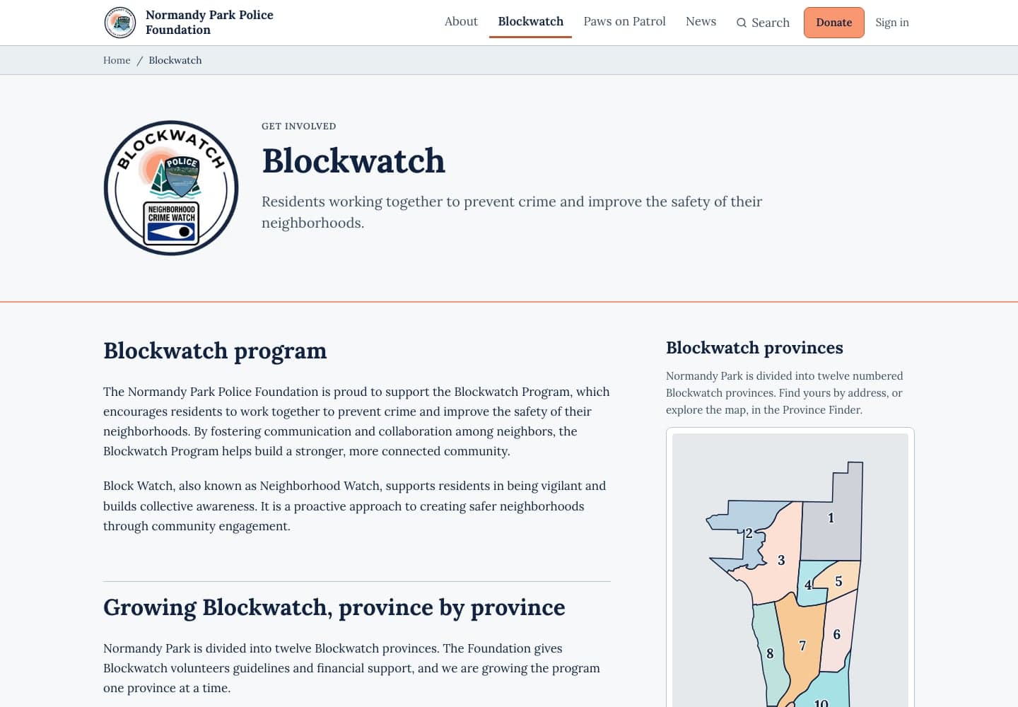 The Blockwatch page: the Blockwatch badge beside the heading, an introduction to the program, and a small map of Normandy Park divided into numbered, colored provinces.