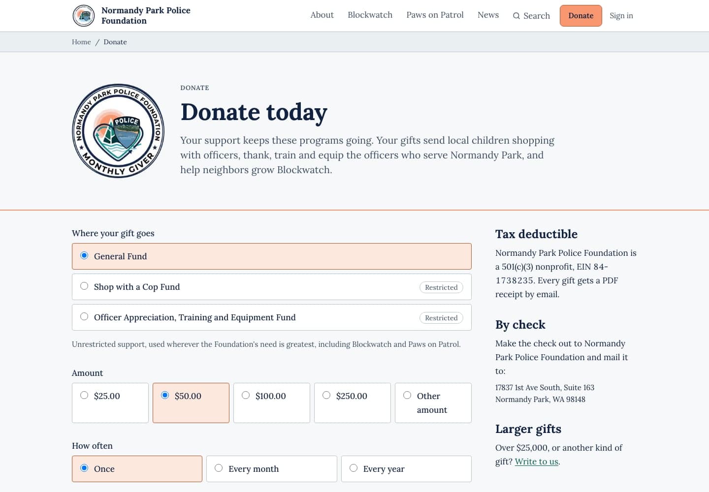 The donate page: a choice of the General Fund, the Shop with a Cop Fund and the Officer Appreciation, Training and Equipment Fund, amounts from $25 to $250 or another amount, and how often, once, every month or every year, beside notes on tax deductibility and giving by check.