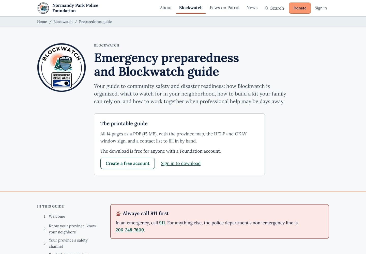 The Emergency preparedness and Blockwatch guide page: a panel offering the printable guide with a free account, and a red-bordered note to always call 911 first.