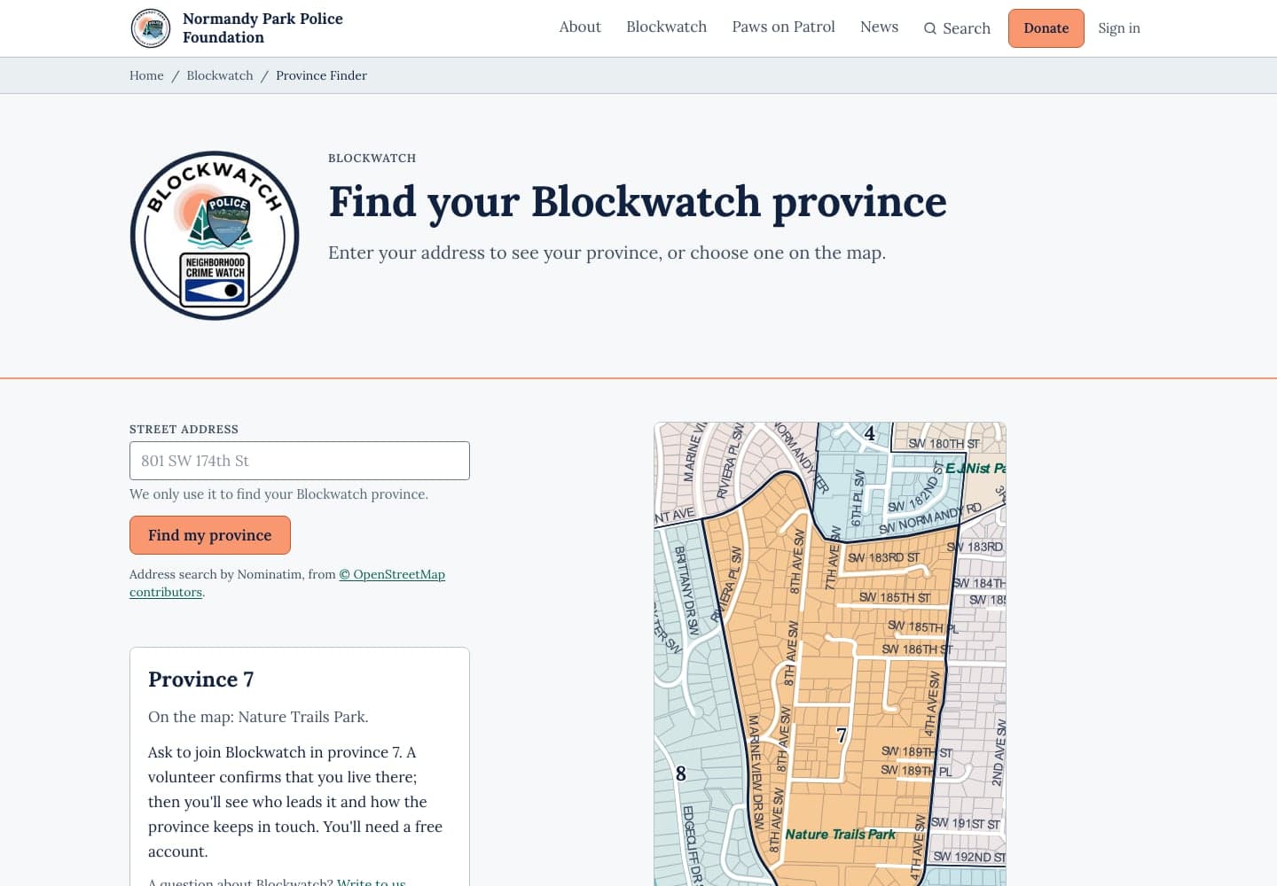 The Province Finder: a street address box and a Find my province button, a card for province 7 inviting you to ask to join Blockwatch there, and a street map with province 7 shaded orange.